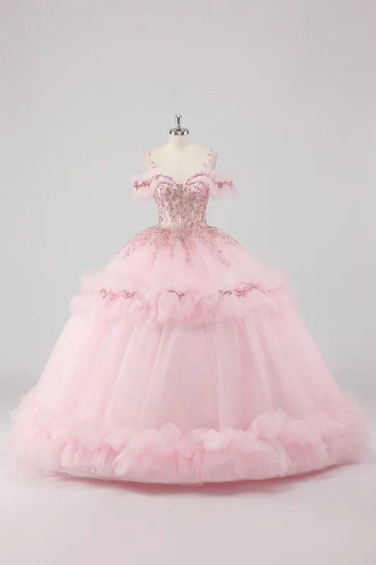 Princess Blush Ball Gown Cold Shoulder Ruffles Tulle Quinceanera Dress sold by Zapaka