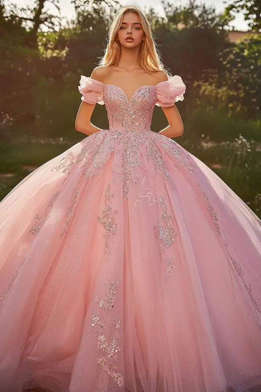 Pink Off The Shoulder Ball Gown Appliqued Quinceanera Dress sold by Zapaka