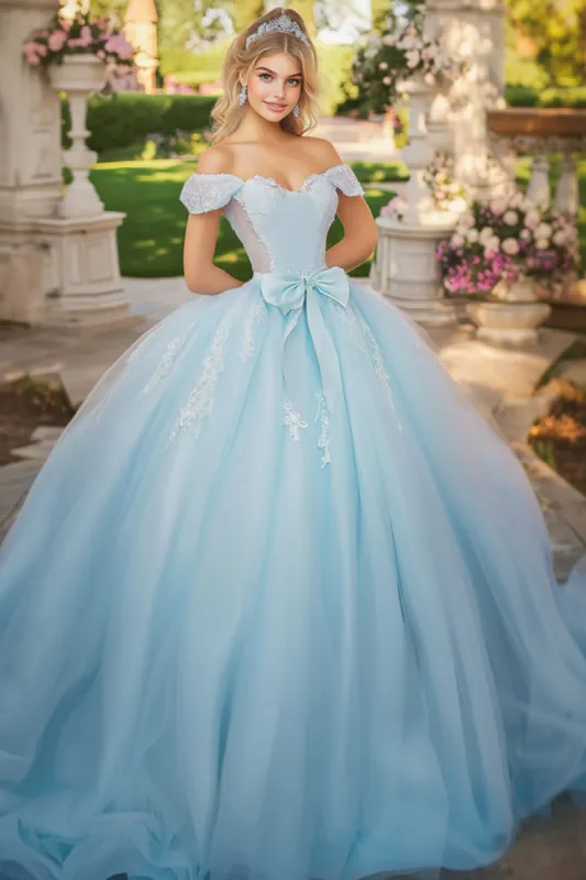 Elegant Sky Blue Ball Gown Off the Shoulder Tulle Quinceanera Dress with Bow sold by Zapaka