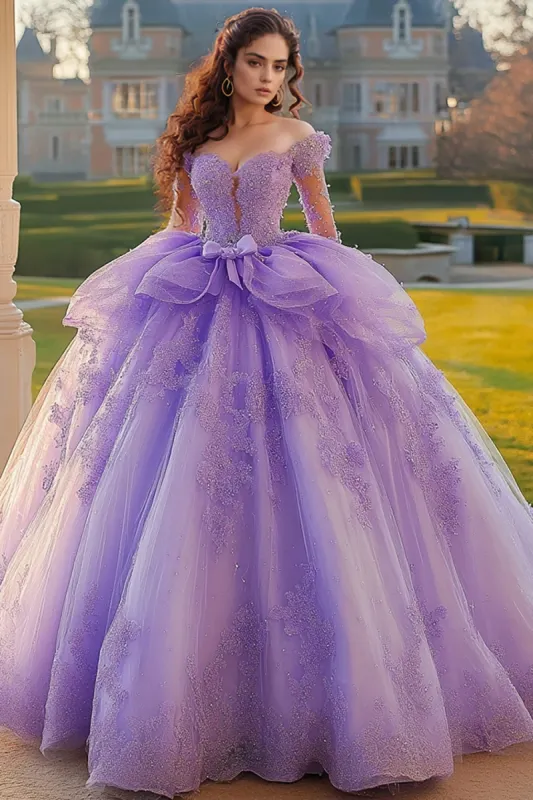 Lilac Ball Gown Off The Shoulder Quinceanera Dress With Long Sleeves sold by Zapaka