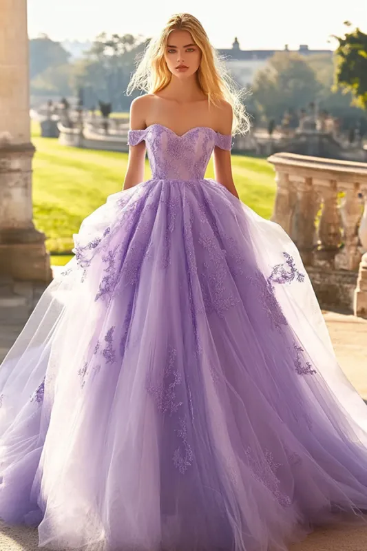 Lilac Off The Shoulder Tulle Appliqued Quinceanera Dress sold by Zapaka