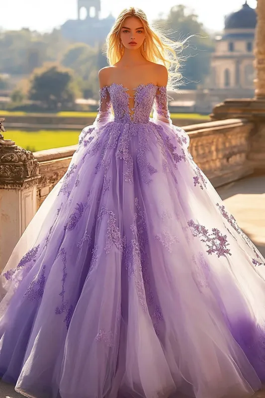 Lilac Off The Shoulder Tulle Appliqued Quinceanera Dress With Long Sleeves made by Zapaka