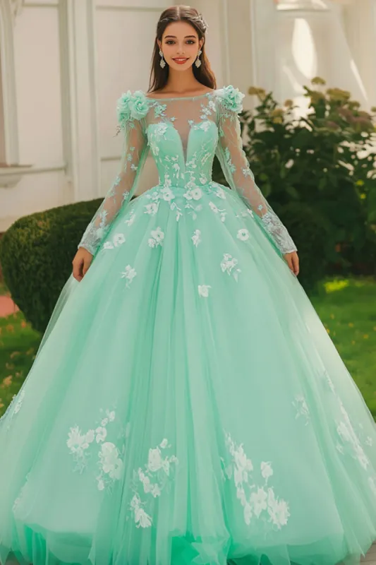 Mint Ball Gown Boat Neck Appliqued Tulle Quinceanera Dress With Long Sleeves sold by Zapaka