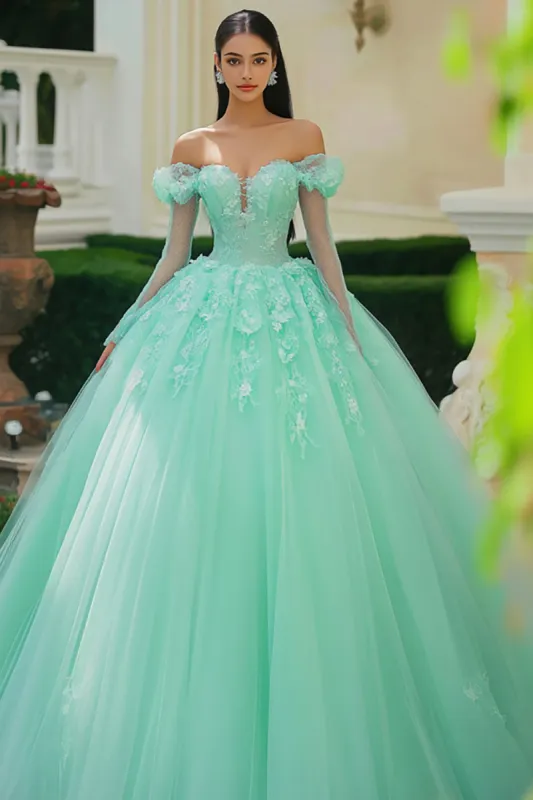 Mint Princess Off The Shoulder Tulle Appliqued Quinceanera Dress sold by Zapaka