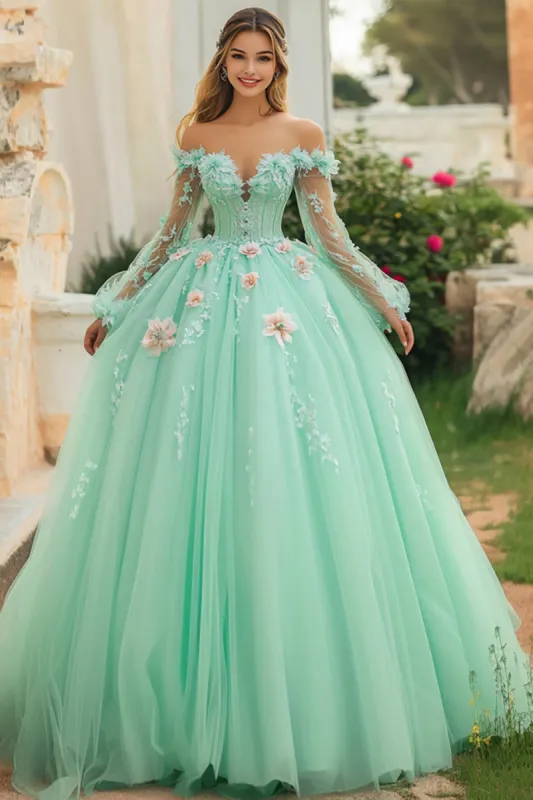 Mint Off The Shoulder Tulle Quinceanera Dress With 3D Flowers sold by Zapaka