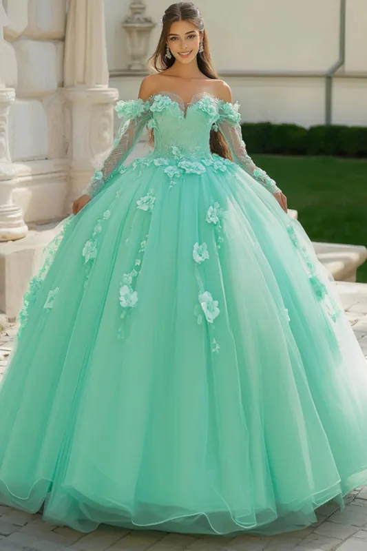 Mint Sweetheart Floral Tulle Quinceanera Dress With Long Sleeves sold by Zapaka