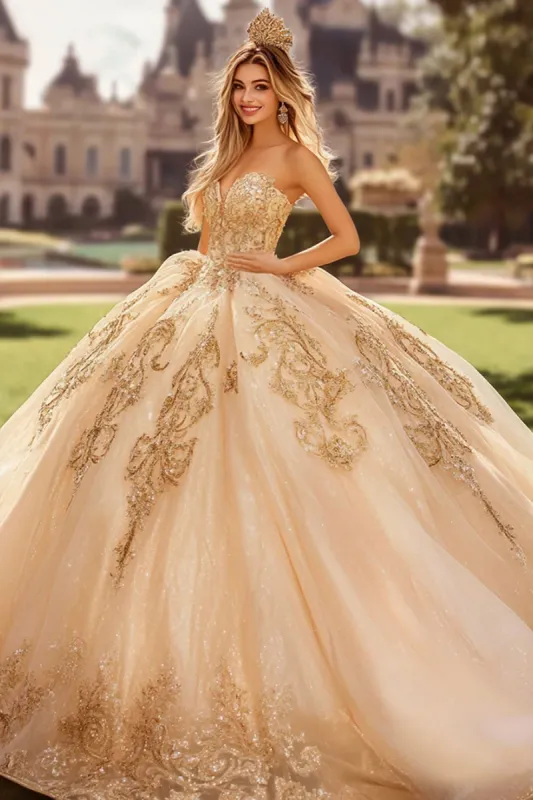 Champagne Strapless Appliqued Tulle Quinceanera Dress made by Zapaka
