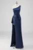 Elegant Navy Satin One Shoulder Formal Dress with Slit sold by Zapaka