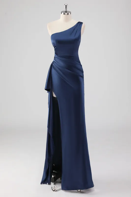 Elegant Navy Satin One Shoulder Formal Dress with Slit sold by Zapaka