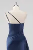 Elegant Navy Satin One Shoulder Formal Dress with Slit sold by Zapaka