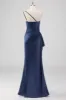 Elegant Navy Satin One Shoulder Formal Dress with Slit sold by Zapaka