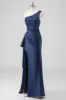 Elegant Navy Satin One Shoulder Formal Dress with Slit sold by Zapaka