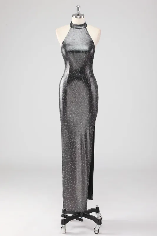 Sparkly Silver Grey Halter Shath Formal Dress with Slit sold by Zapaka