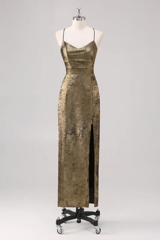 Black Golden Spaghetti Straps Sheath Formal Dress with Slit sold by Zapaka