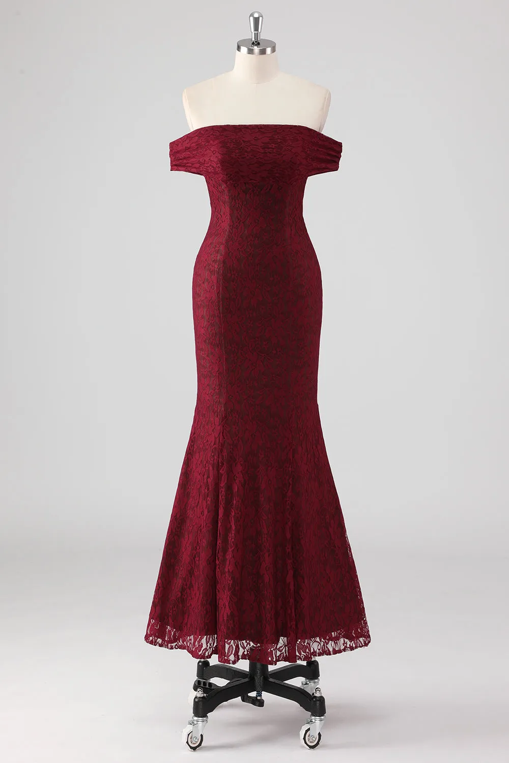 Burgundy Lace Mermaid Off The Shoulder Formal Dress sold by Zapaka