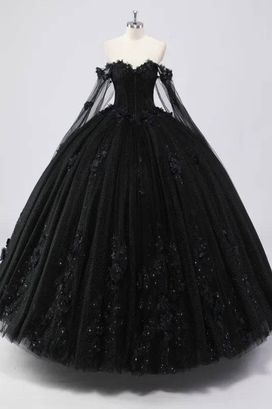 Black Ball Gown Off the Shoulder Tulle Quinceanera Dress with 3D Flowers sold by Zapaka
