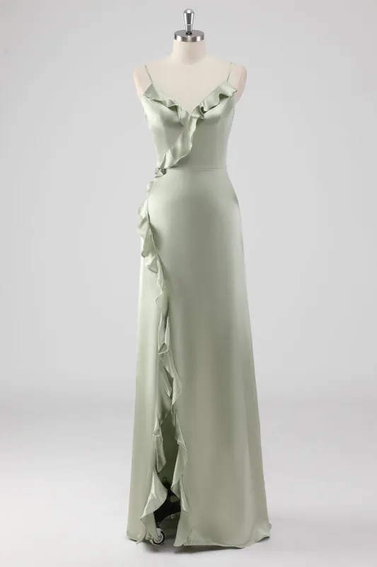 Sage Long Satin V Neck Ruffled Sheath Bridesmaid Dress sold by Zapaka