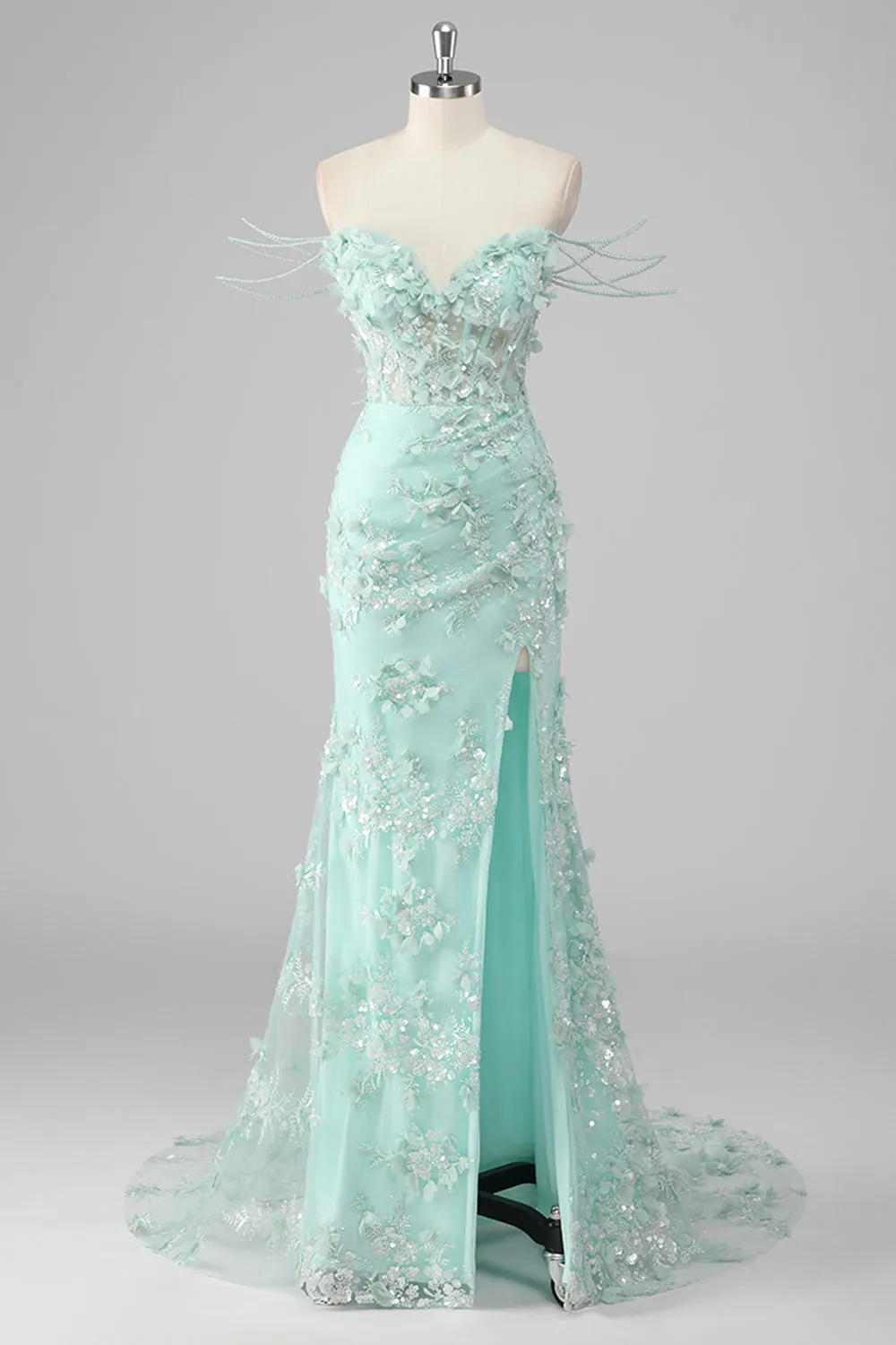 Green Sheath Sweetheart Sequin Corset Appliqued Long Prom Dress with Slit sold by Zapaka