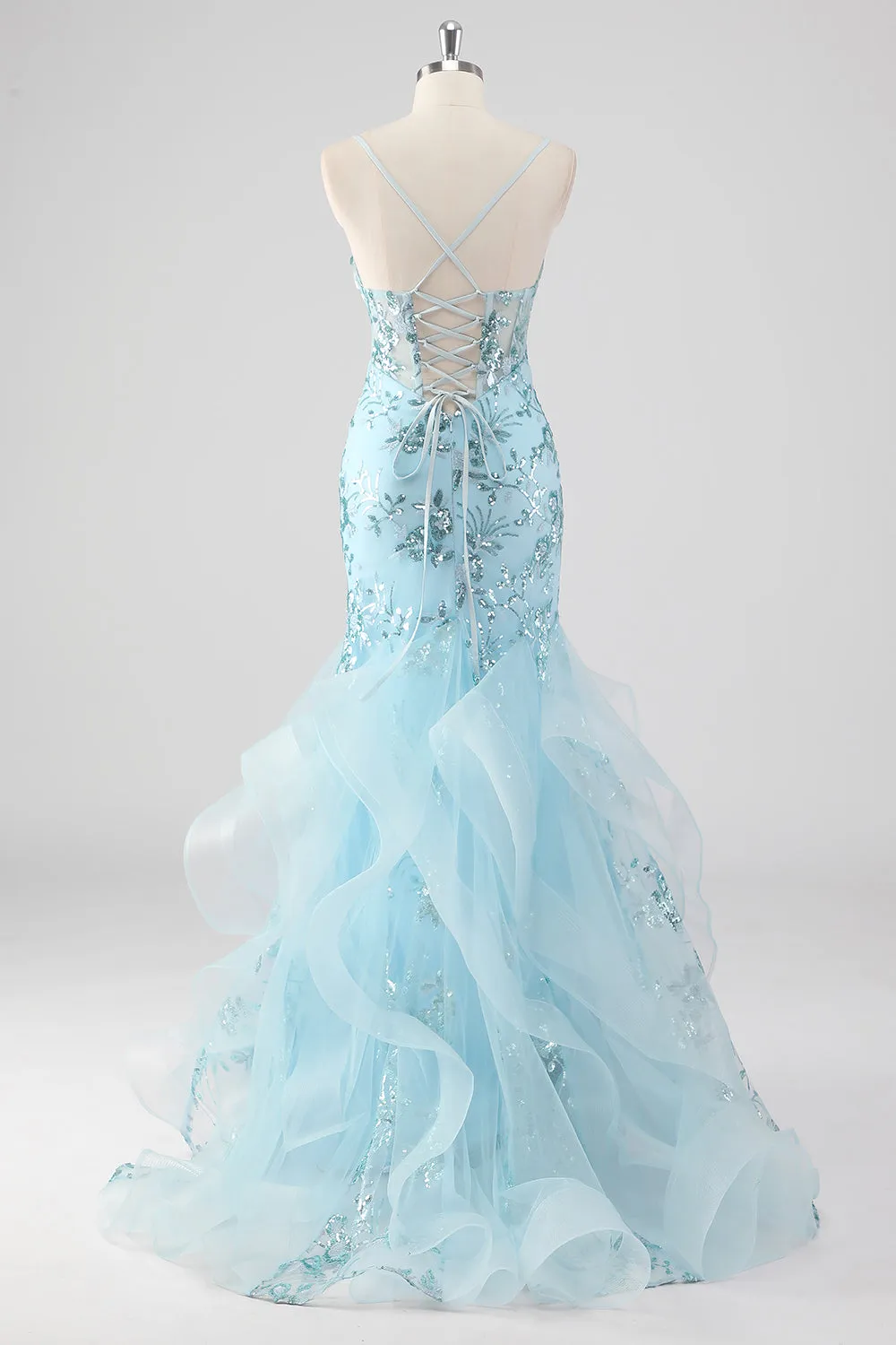 Sky Blue Mermaid Spaghetti Straps Sequin Corset Long Prom Dress with Ruffles sold by Zapaka product image thumbnail 2