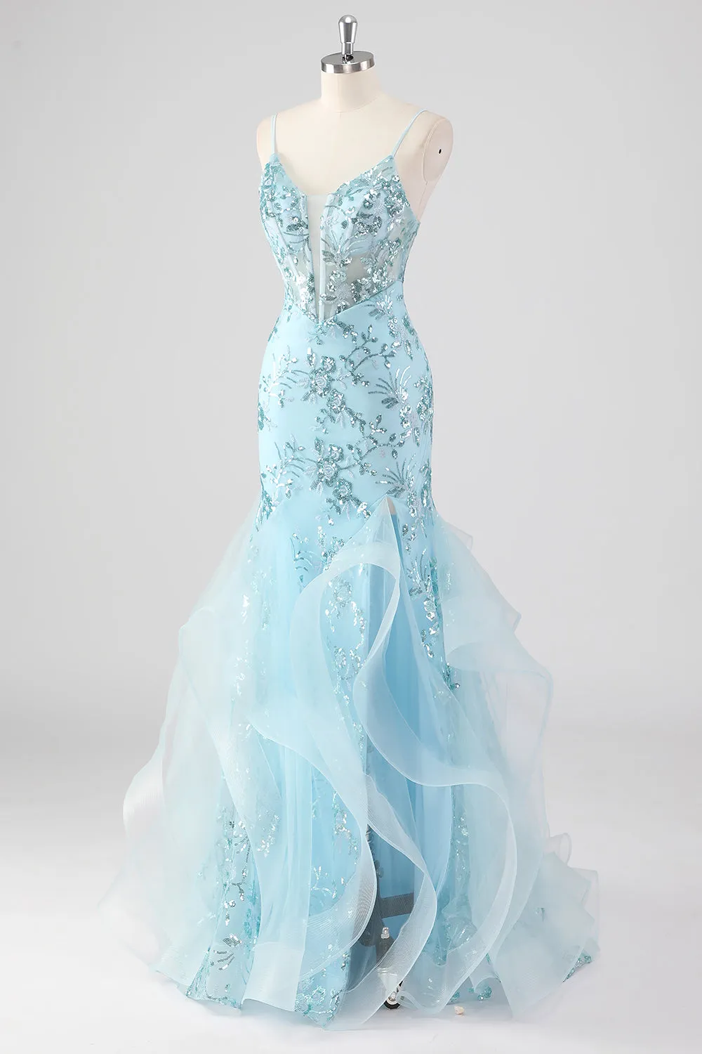 Sky Blue Mermaid Spaghetti Straps Sequin Corset Long Prom Dress with Ruffles sold by Zapaka product image thumbnail 3