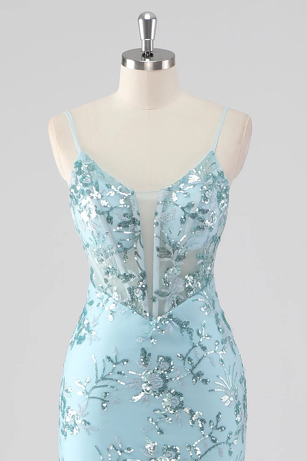 Sky Blue Mermaid Spaghetti Straps Sequin Corset Long Prom Dress with Ruffles sold by Zapaka product image thumbnail 4