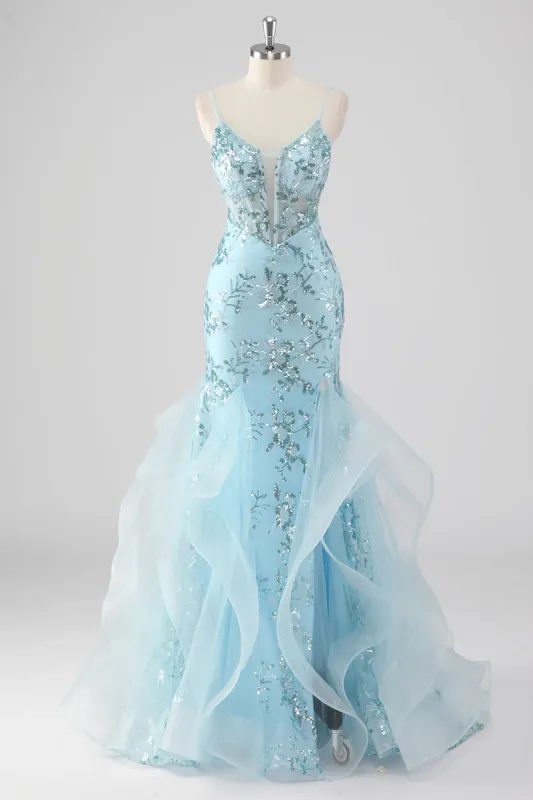 Sky Blue Mermaid Spaghetti Straps Sequin Corset Long Prom Dress with Ruffles sold by Zapaka
