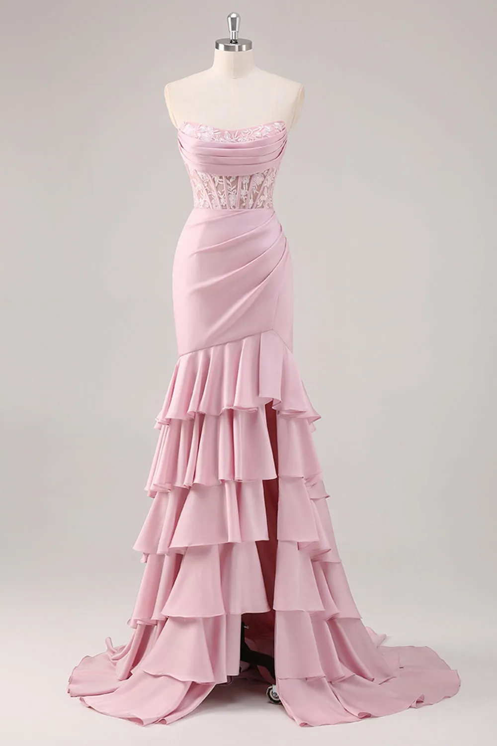 Blush Mermaid Strapless Corset Tiered Long Prom Dress with Slit sold by Zapaka