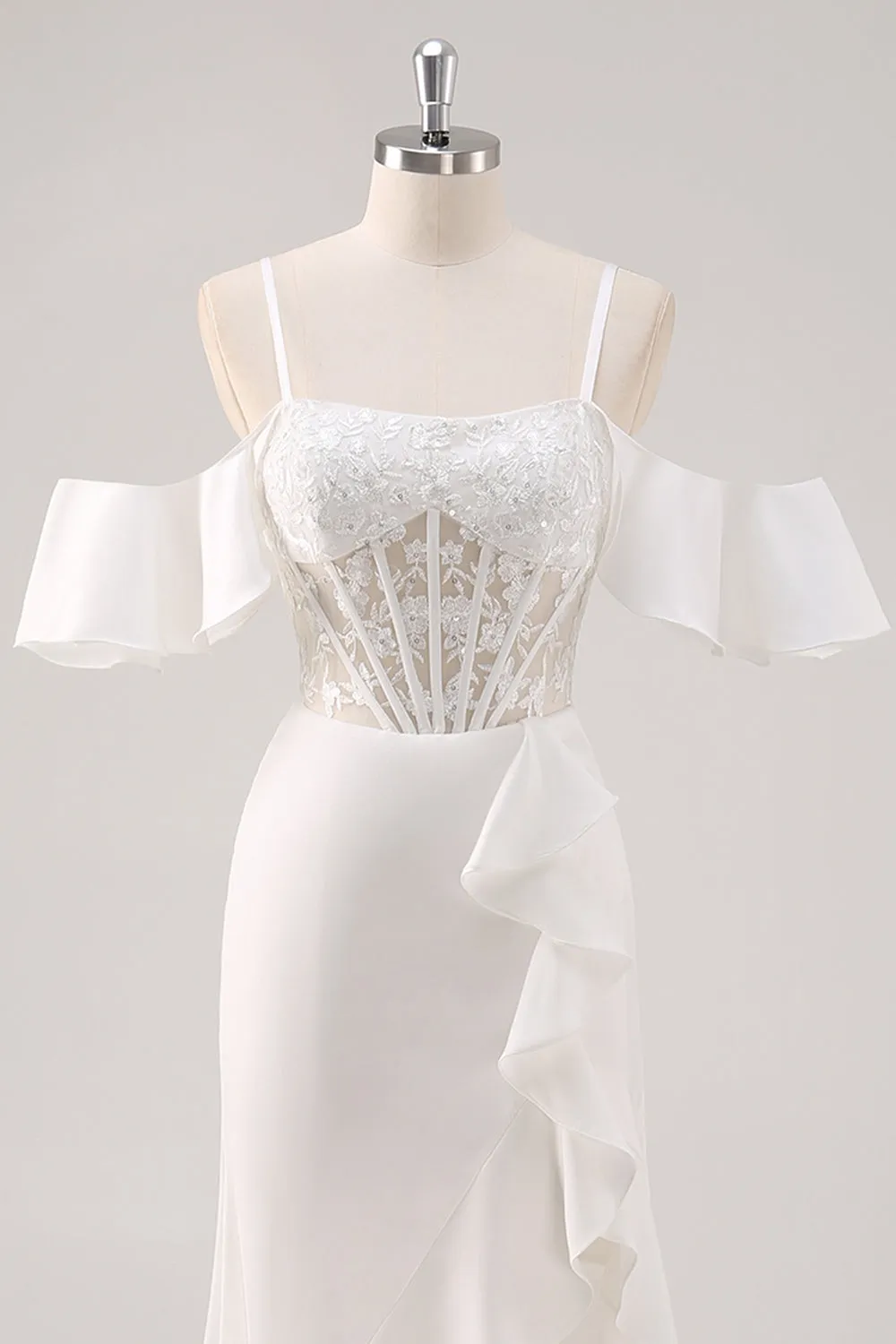 White Mermaid Cold Shoulder Corset Appliqued Long Prom Dress with Slit sold by Zapaka product image thumbnail 4