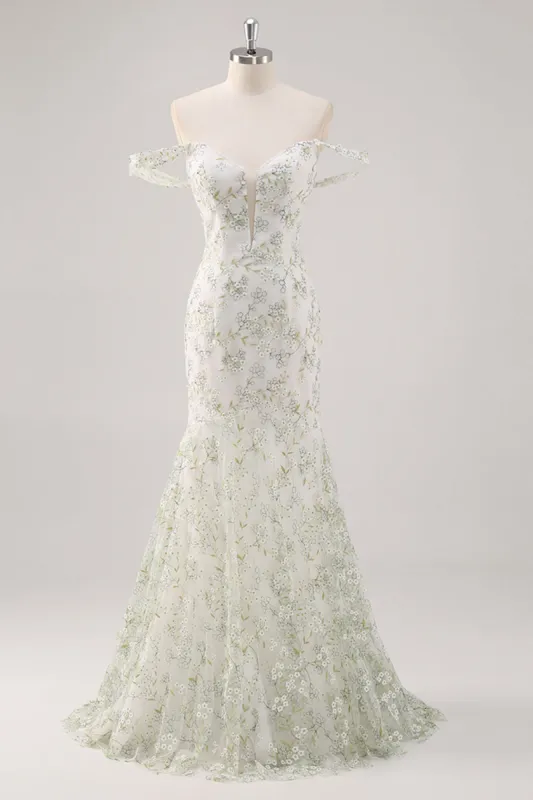 Mermaid White Green Flower Off The Shoulder Long Prom Dress sold by Zapaka