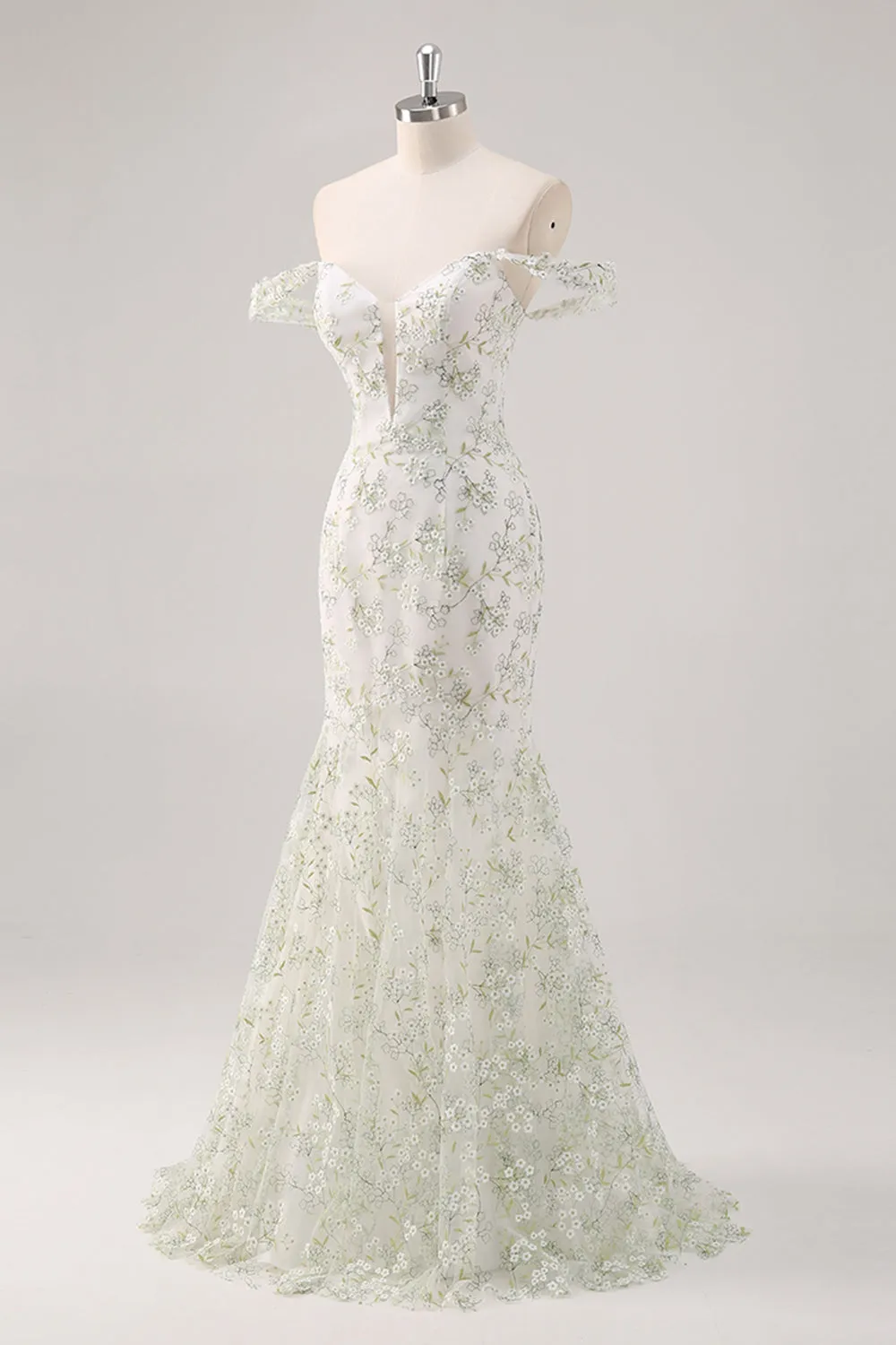 Mermaid White Green Flower Off The Shoulder Long Prom Dress sold by Zapaka product image thumbnail 3