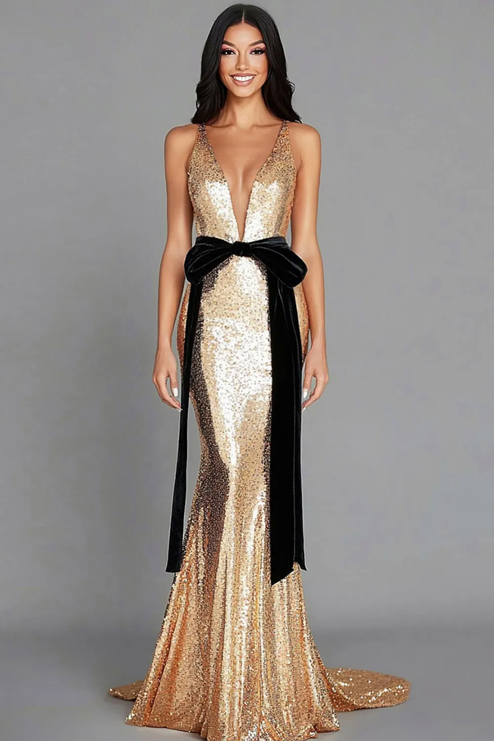 Gold Mermaid Deep V Neck Sequins Long Gala Dress with Black Bow sold by Zapaka