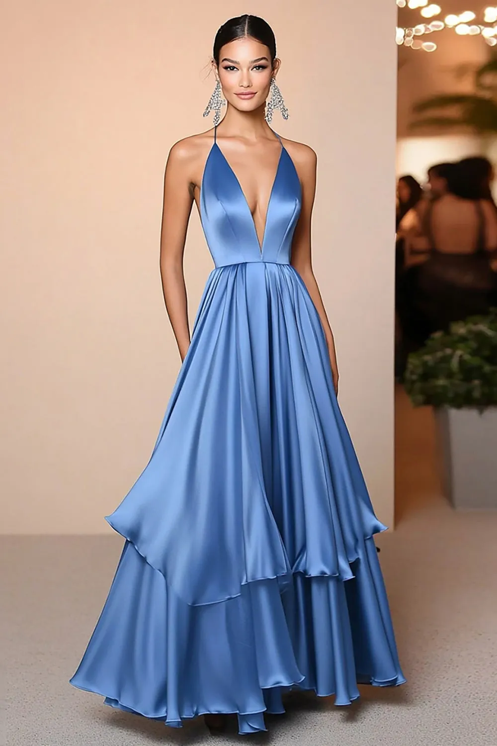 Blue Satin A Line Spaghetti Straps Ruffles Long Gala Ball Dress sold by Zapaka