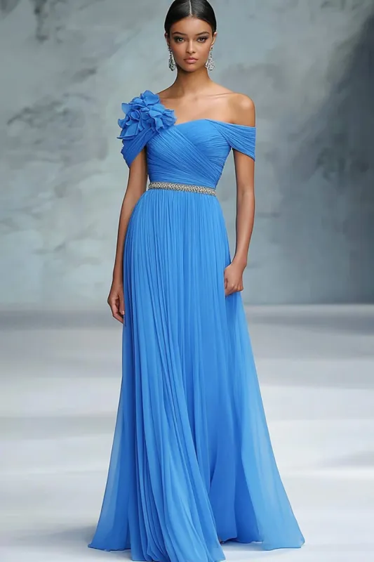 Blue A Line Off The Shoulder Ruched Long Gala Ball Dress sold by Zapaka