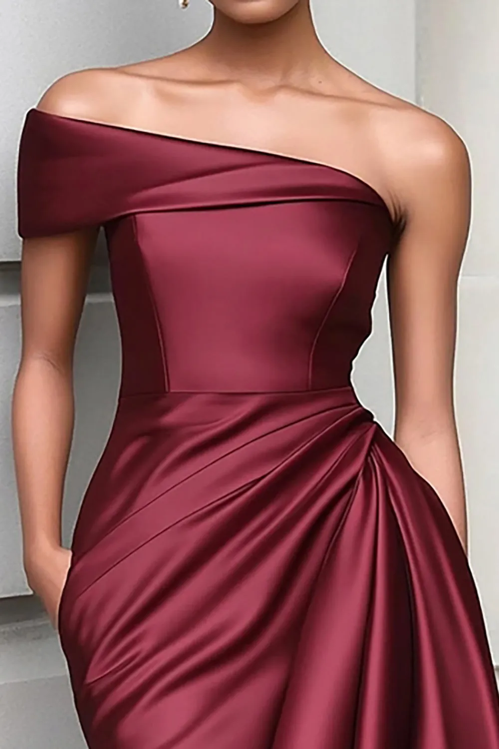 Ruffled One Shoulder Tight Burgundy Knee Length Gala Dress sold by Zapaka product image thumbnail 2