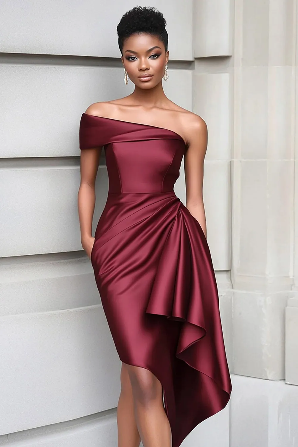 Ruffled One Shoulder Tight Burgundy Knee Length Gala Dress sold by Zapaka
