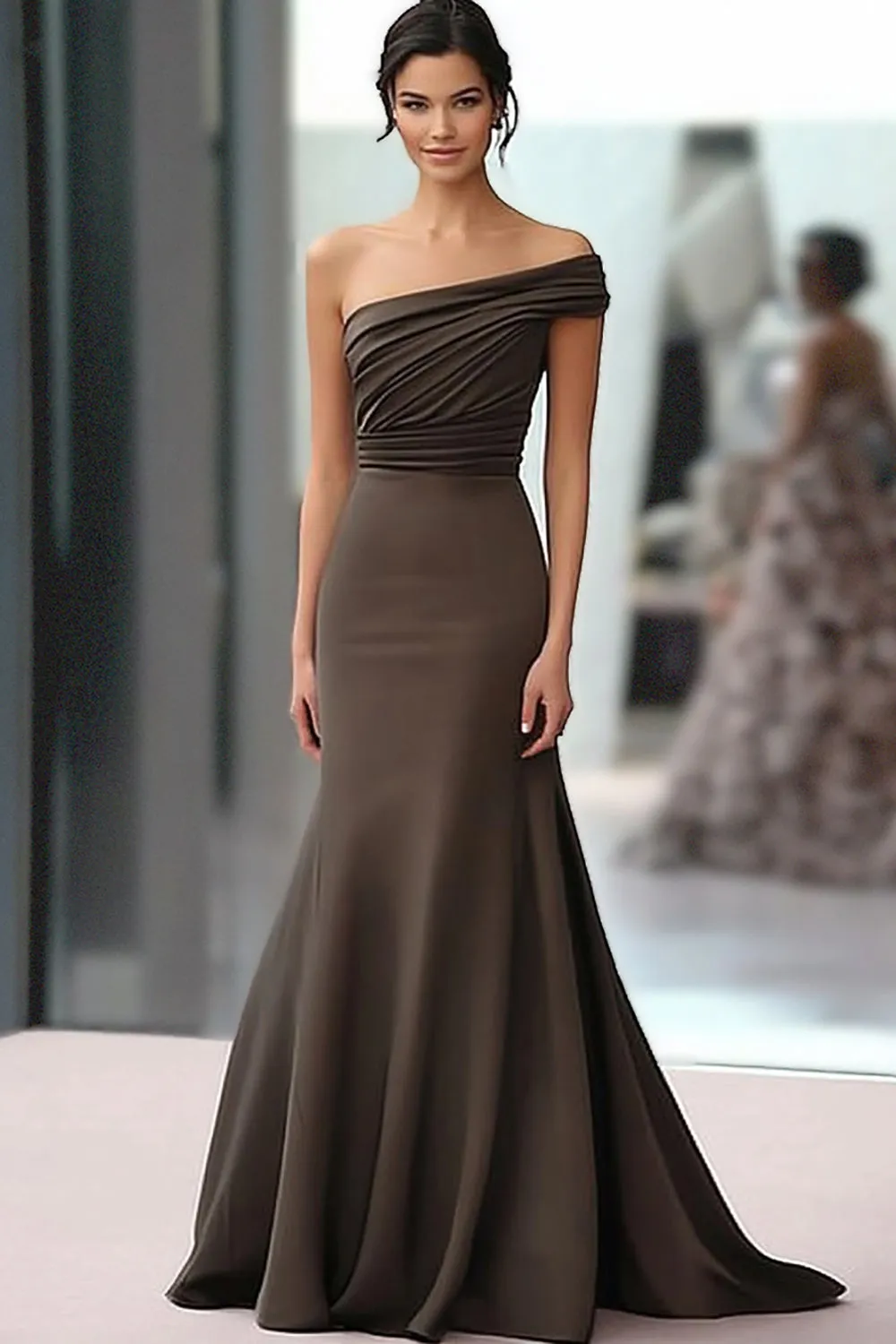 One Shoulder Coffee Crepe Sheath Ruched Gala Dress sold by Zapaka