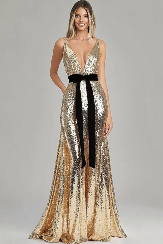 Gold Sheath Sequins Deep V-Neck Belted Gala Dress With Bows sold by Zapaka