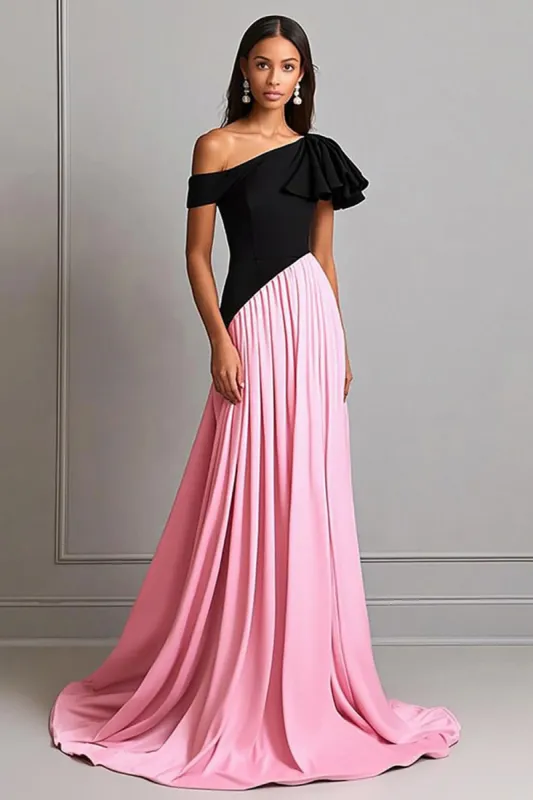Black & Pink Crepe A Line One Shoulder Gala Dress sold by Zapaka