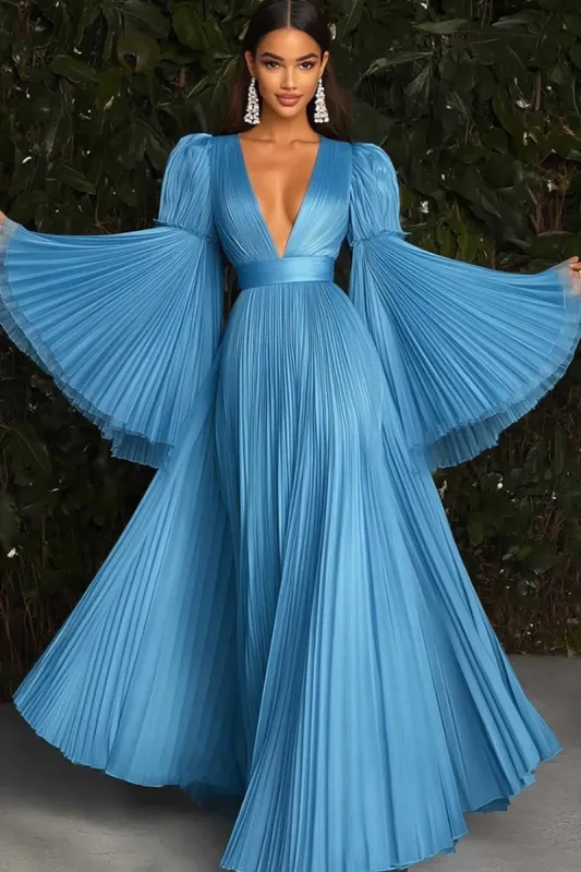 Blue Pleated Deeep V-Neck Gala Dress with Long Sleeves sold by Zapaka