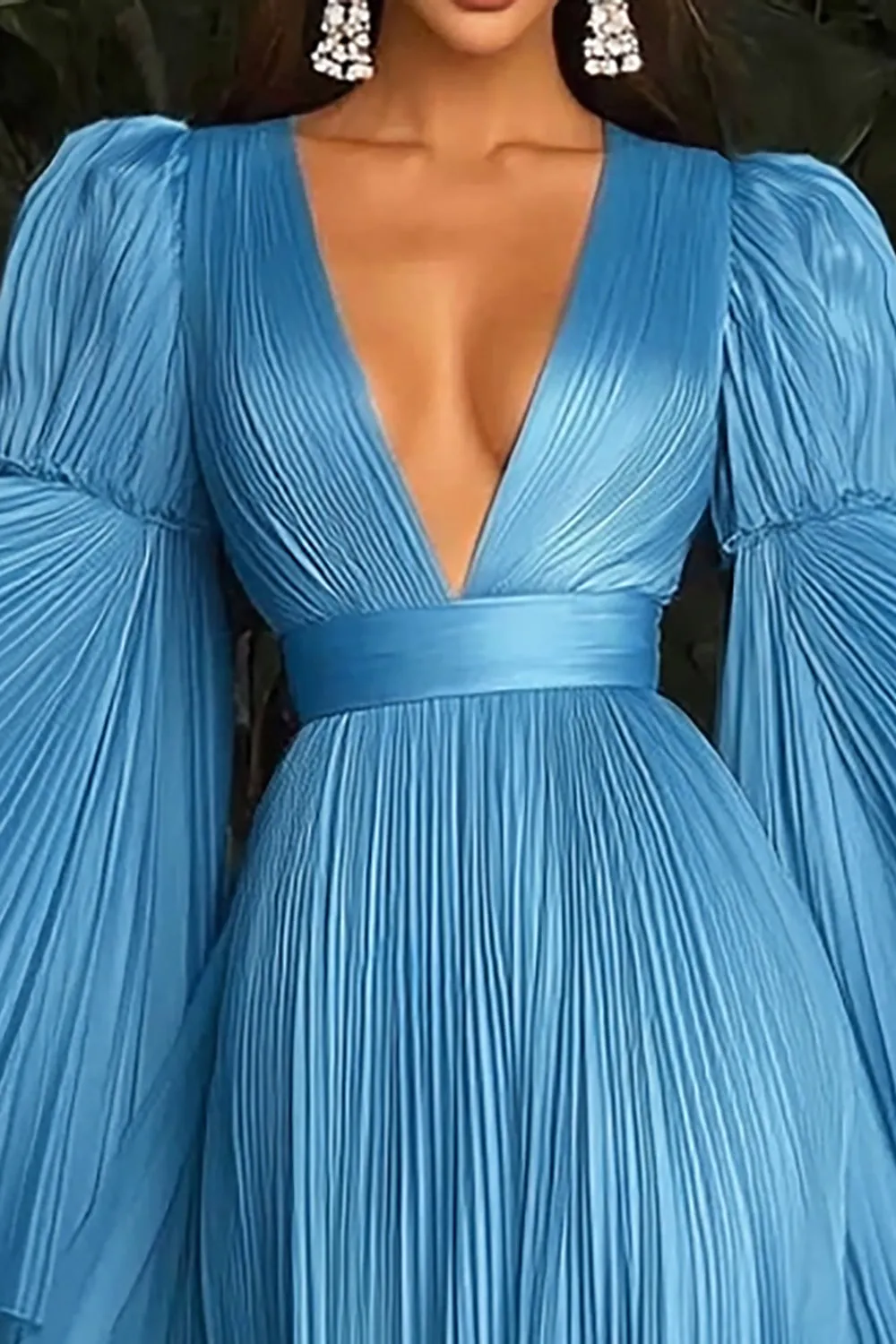Blue Pleated Deeep V-Neck Gala Dress with Long Sleeves sold by Zapaka product image thumbnail 2