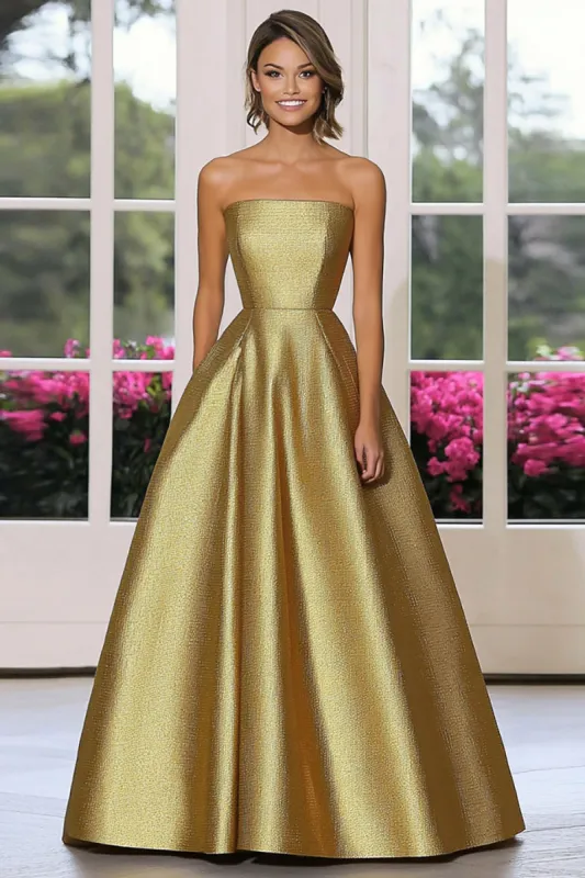 Chic Metallic Gold Satin A Line Strapless Gala Dress sold by Zapaka