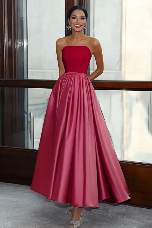 A Line Straight Strapless Satin Red&Pink Long Gala Ball Dress sold by Zapaka