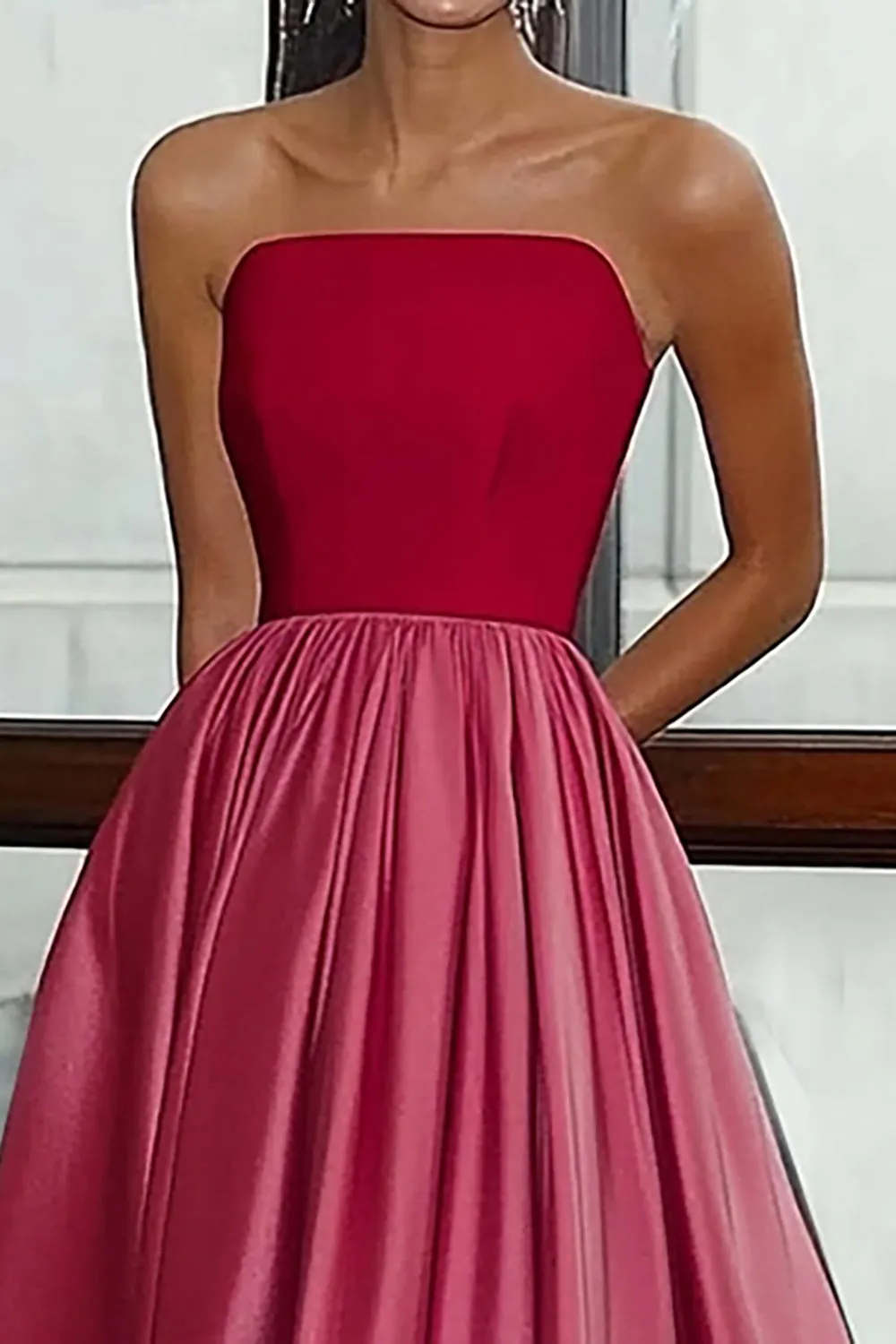 A Line Straight Strapless Satin Red&Pink Long Gala Ball Dress sold by Zapaka product image thumbnail 2