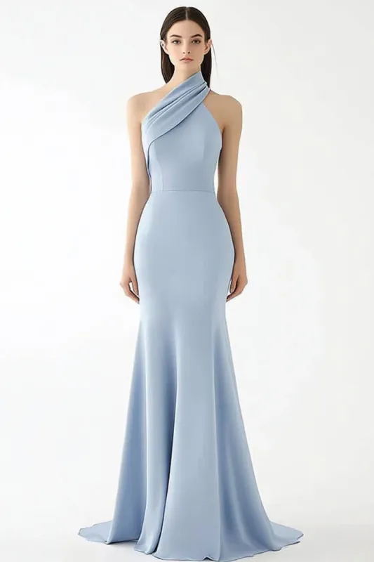 Light Blue Halter Crepe Sheath Ruched Gala Dress sold by Zapaka