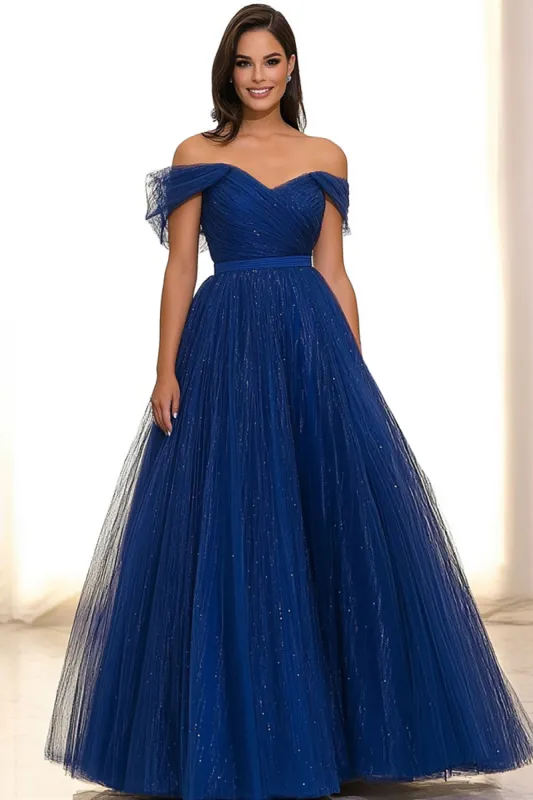 Sparkly Royal Blue Tulle A Line Ruched Gala Dress sold by Zapaka
