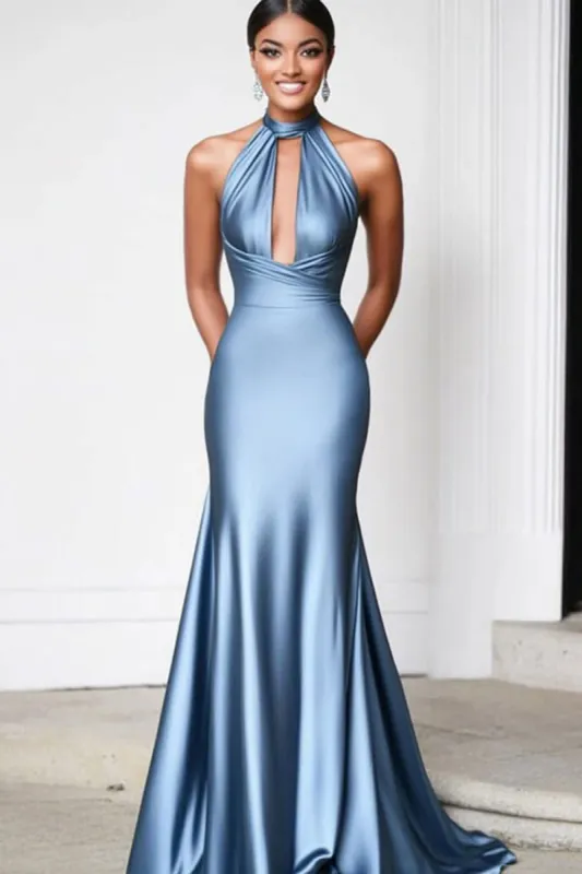 Sheath Grey Blue Halter Strapless Gala Ball Dress sold by Zapaka