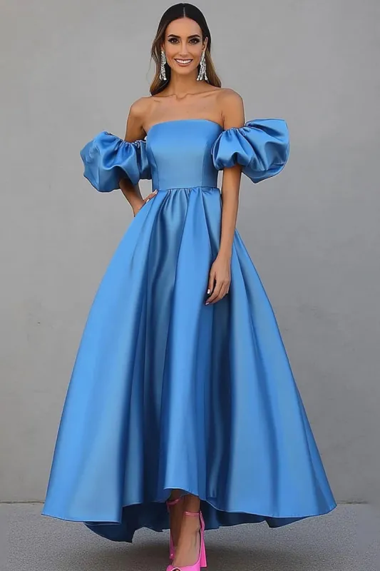 Chic Blue Satin A Line Off the Shoulder Gala Dress sold by Zapaka