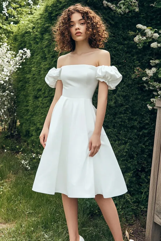 Elegant A-Line Off the Shoulder Puff Sleeves Knee Length Little White Graduation Dress sold by Zapaka