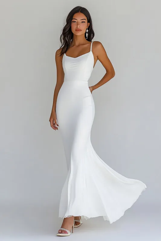 Spaghetti Straps Chiffon White Sheath Long Graduation Dress sold by Zapaka