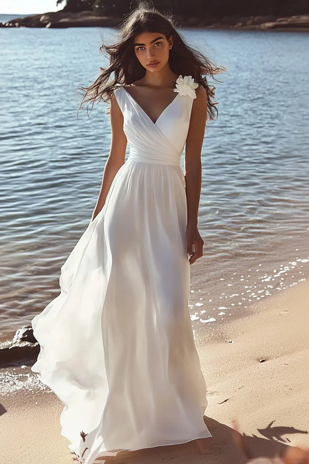 A Line V-Neck Sleeveless White Graduation Dress sold by Zapaka